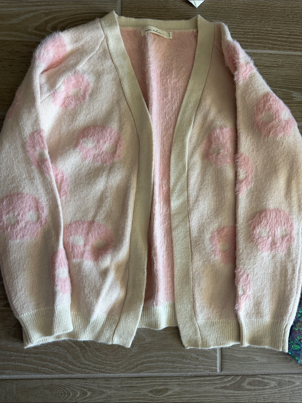 Cream & Light Pink Polka-Dot Open Front Cardigan